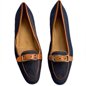 Coach Denim Loafers  Dark Blue Denim & Tan Leather  Block Heel Women’s Size 10